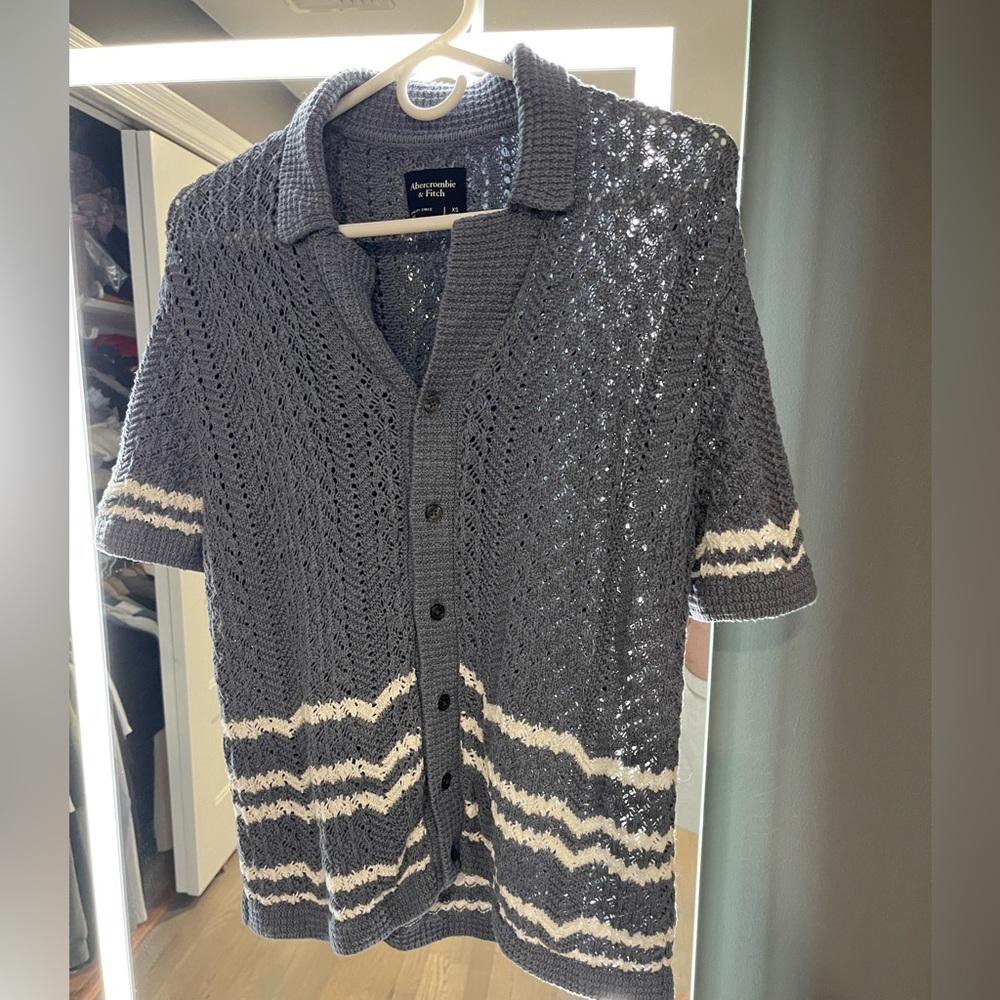 Brand new!! Striped Crochet-Style Stitch Button-Through Sweater Polo